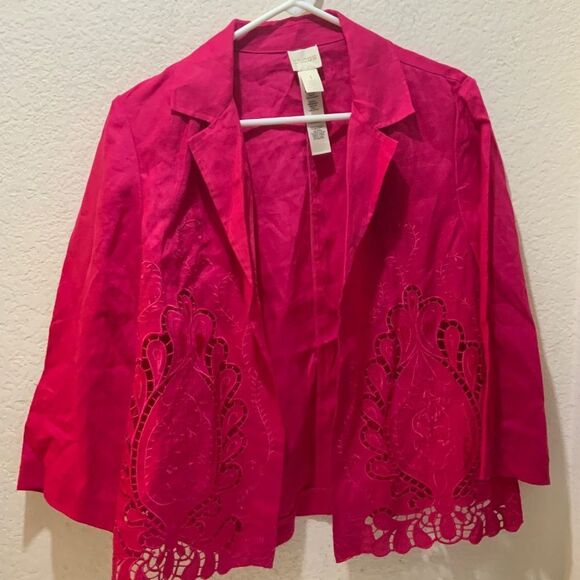 Chicos Sz 1(M 8) Open Jacket Blazer Coat LINEN Floral Raspberry Pink - Picture 2 of 12